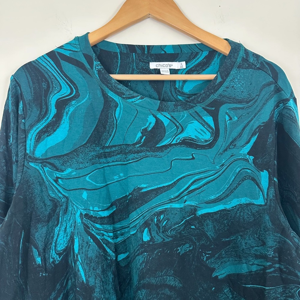 Chico's Sweatshirt Teal Marble Swirl Print Psychedelic Whimsigoth Womens 4 XXL